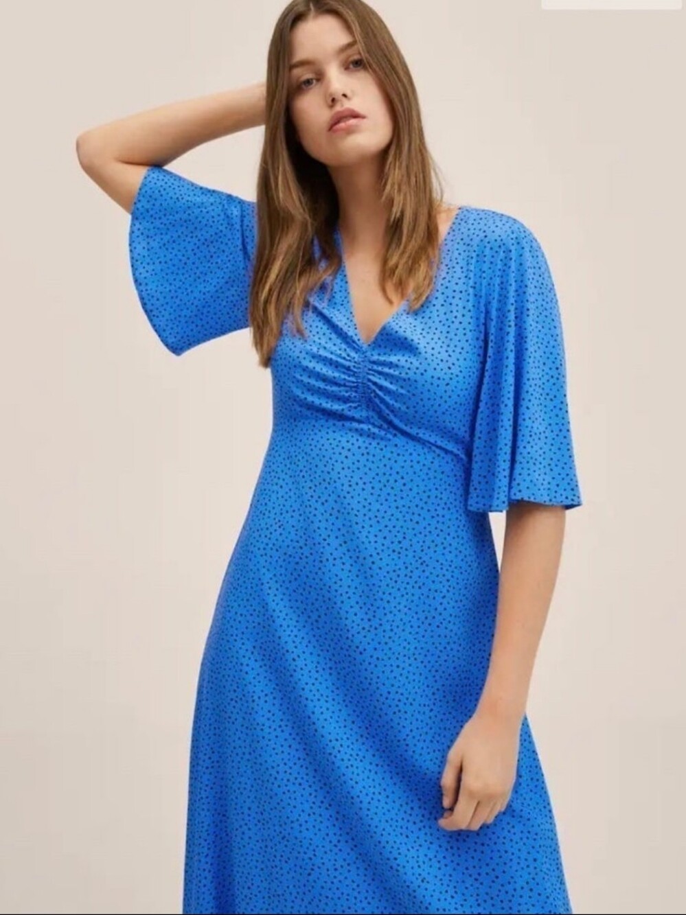 Long Flowy Blue V-Neck Flutter Sleeve - Picture 3 of 12
